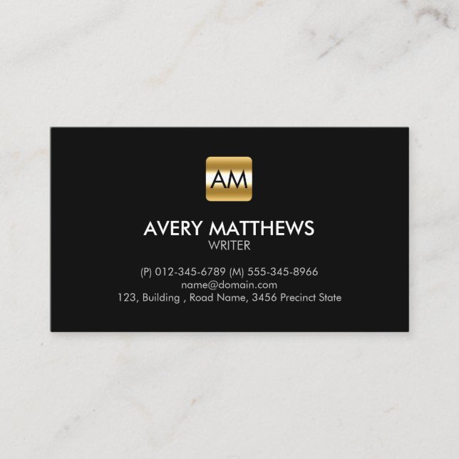 Writer Author Faux Gold Monogram Business Card (Front)