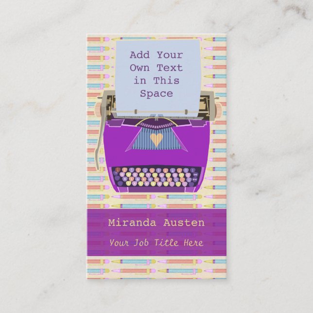 Writer Author Purple Retro Typewriter Modern Business Card (Front)