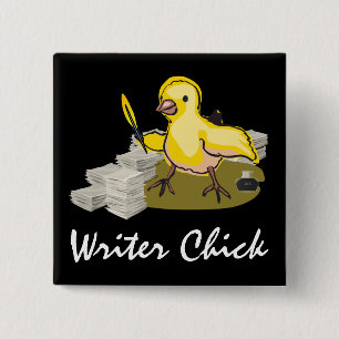 Writer Chick with Paper, Feather Quill and Ink Button