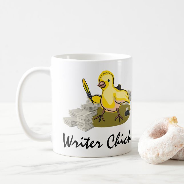 Writer Chick with Paper, Feather Quill and Ink Coffee Mug (With Donut)