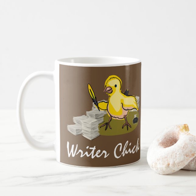 Writer Chick with Paper, Feather Quill and Ink Coffee Mug (With Donut)