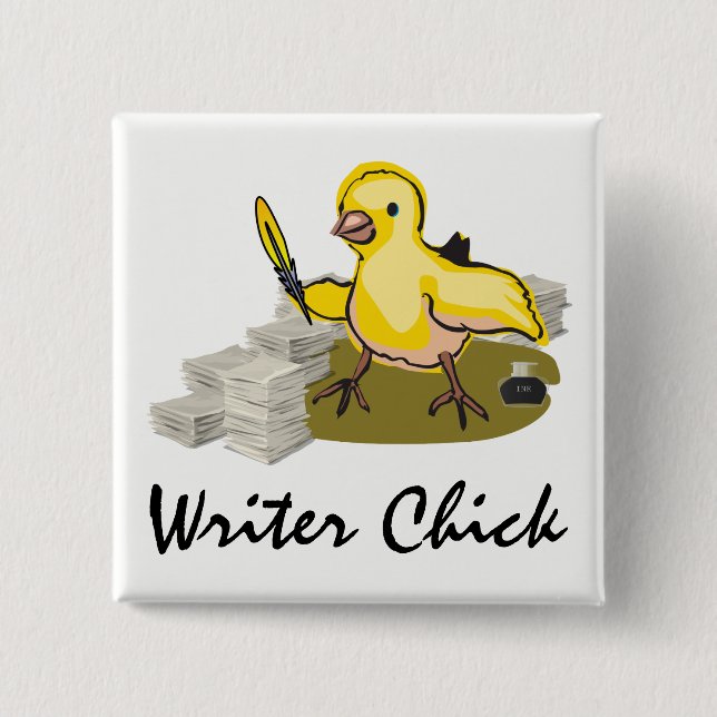 Writer Chick with Paper, Feather Quill and Ink Pinback Button (Front)