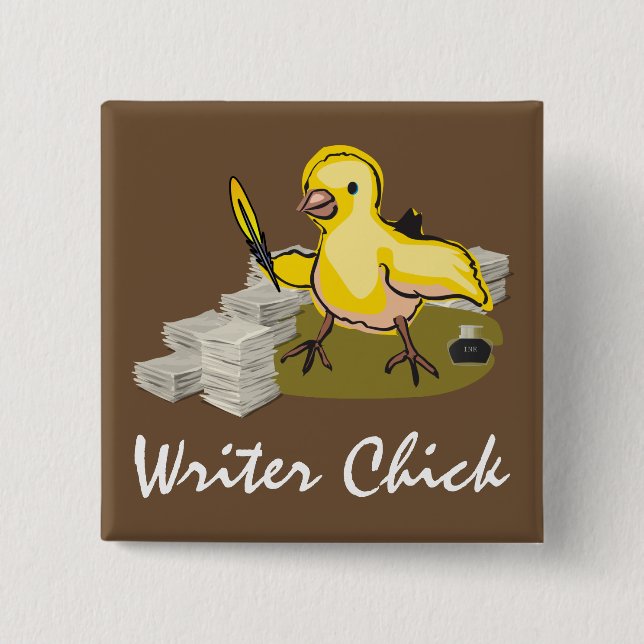 Writer Chick with Paper, Feather Quill and Ink Pinback Button (Front)