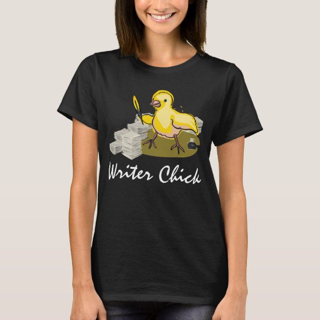 Writer Chick with Paper, Feather Quill and Ink T-Shirt (Front)