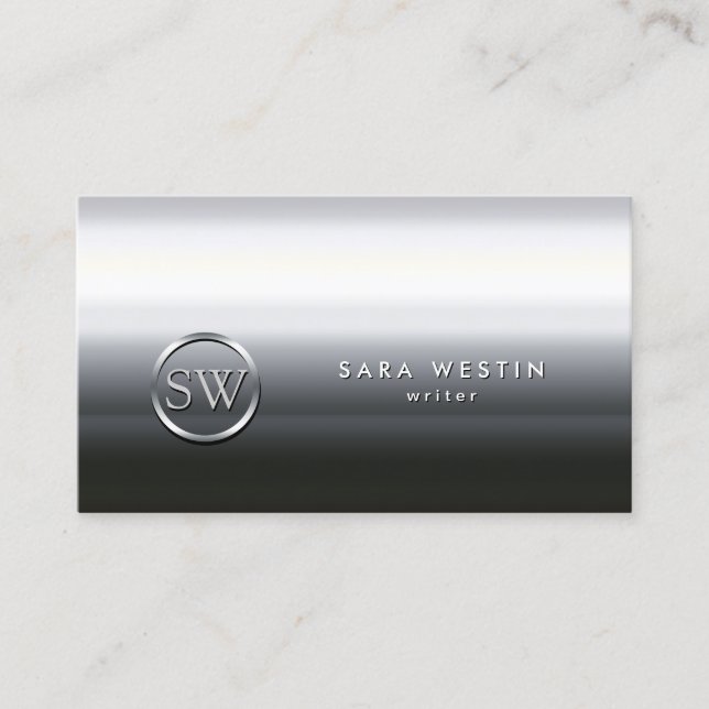 Writer Chrome Texture Monogram Business Card (Front)