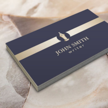 Writer | Navy Blue & Gold Stripe Pen Nib Logo Business Card by cardfactory at Zazzle
