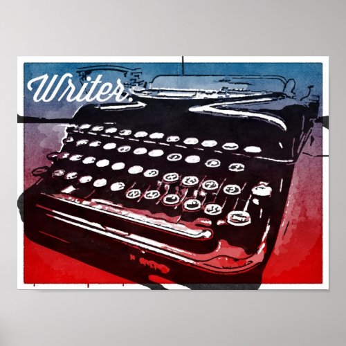 Writer with Typewriter Blue Red Pop Art Poster