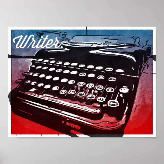 Writer with Typewriter Blue Red Pop Art Poster | Zazzle