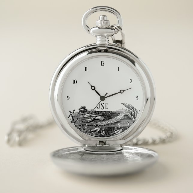 Writer's Black and White Line Art Pocket Watch (Inside)