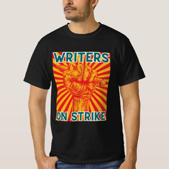 Writers on Strike with Red and yellow retro sunset T-Shirt (Front)