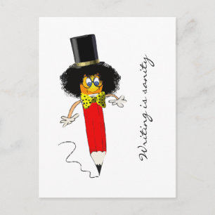 Writing Is Sanity, Funny Clown Head on Pencil Postcard