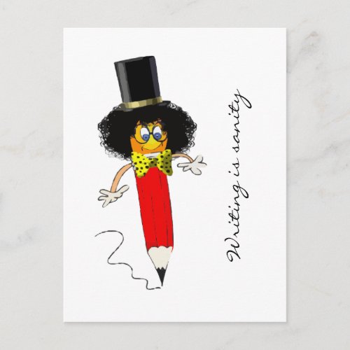 Writing Is Sanity Funny Clown Head on Pencil Postcard