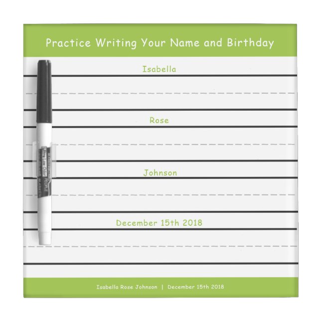 Writing Practice Name Birthday No Trace Green Dry Erase Board (Front)