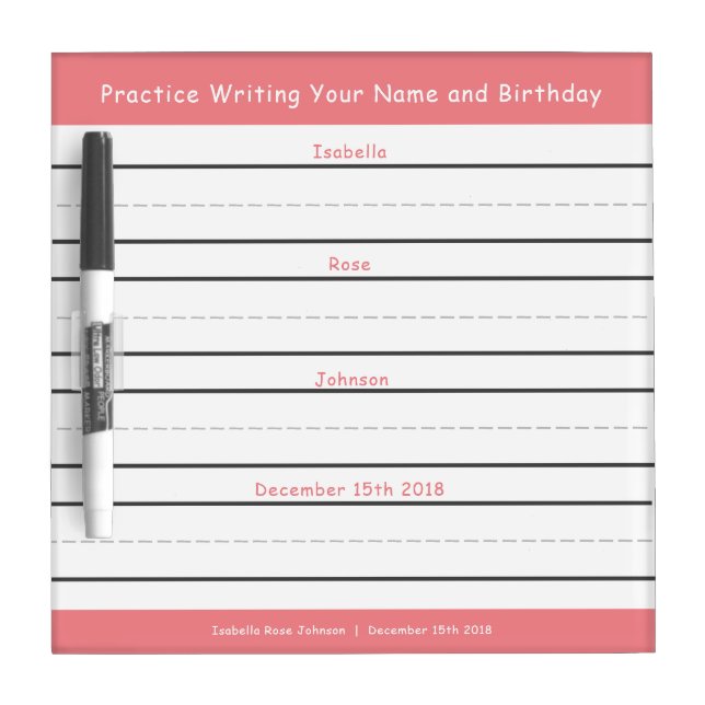 Writing Practice Name Birthday No Trace Pink Dry Erase Board (Front)