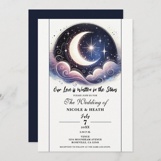 Written in Stars Watercolor Moon Wedding Invitation (Front/Back)