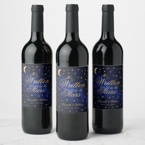 Written in the Stars Celestial Wedding Blue Gold  Wine Label