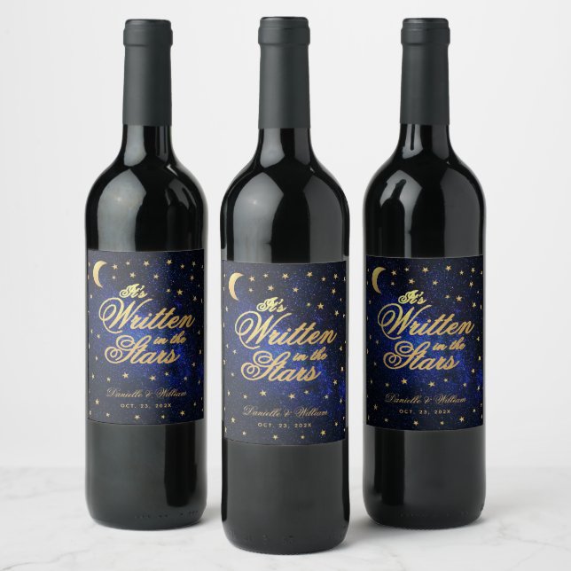 Written in the Stars Celestial Wedding Blue Gold  Wine Label (Bottles)