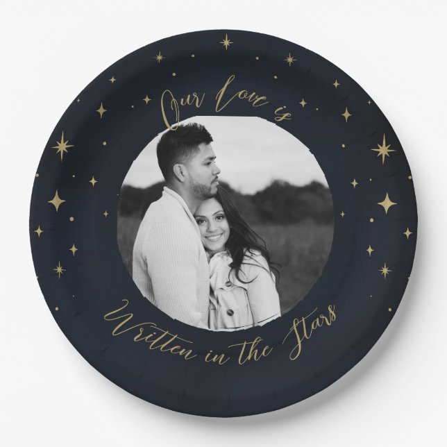 Written in the Stars Gold & Blue Celestial Photo Paper Plates (Front)
