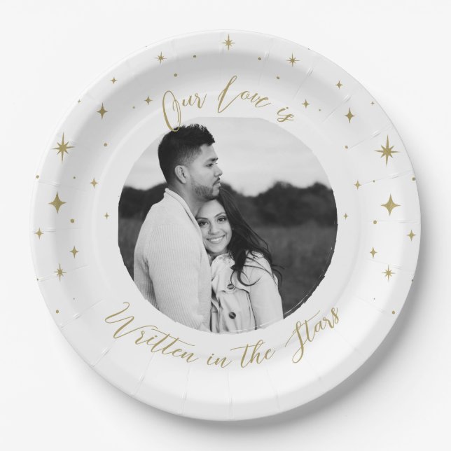 Written in the Stars Gold & White Celestial Photo Paper Plates (Front)