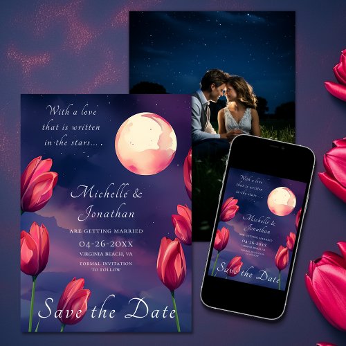 Written in the Stars Moon and Tulips Photo Wedding Save The Date