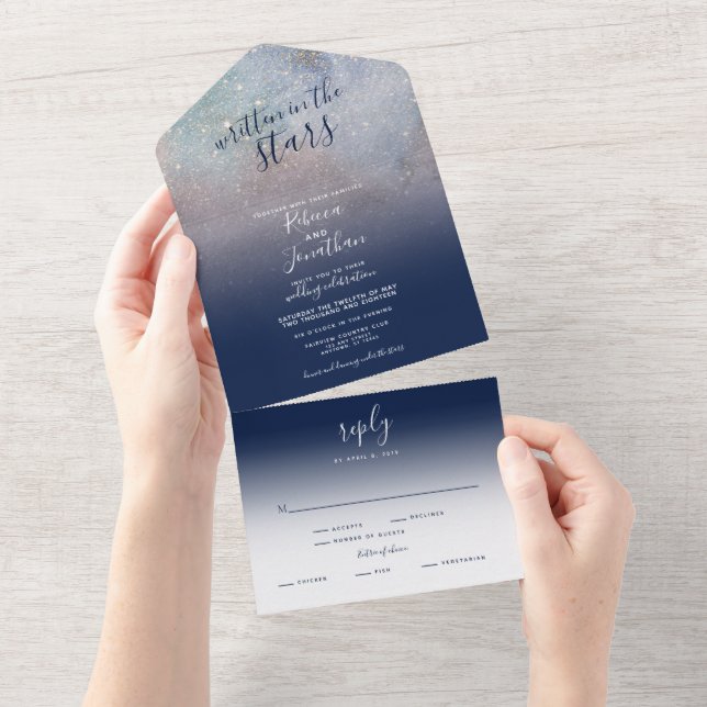 Written in the Stars Navy Sparkly Galaxy Wedding All In One Invitation (Tearaway)