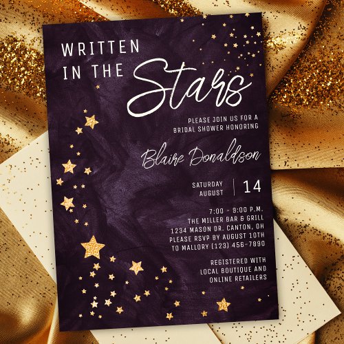 Written in the Stars Purple and Gold Bridal Shower Invitation