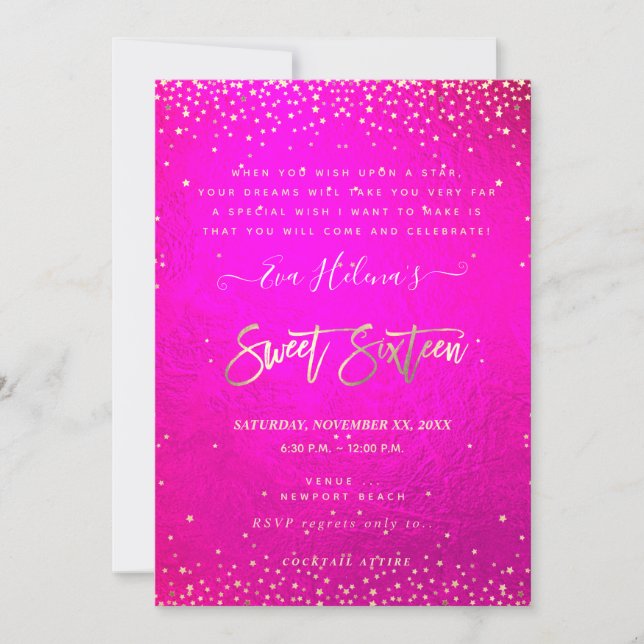 Written in the Stars Sweet 16, Flashy Neon Pink Invitation (Front)