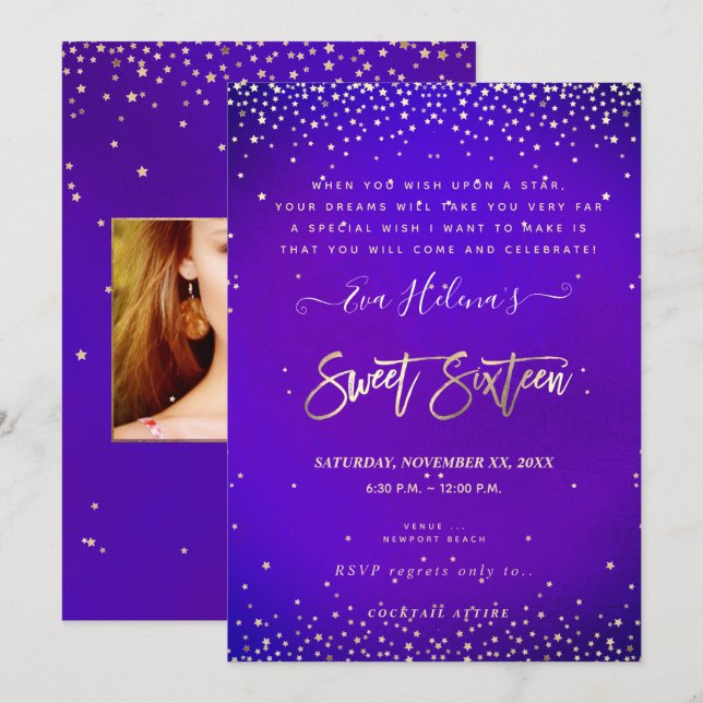 Written in the Stars Sweet 16, Ultra Violet Invitation (Front/Back)