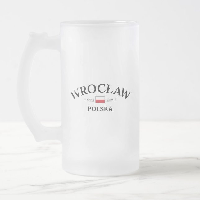 Wroclaw Polska (Poland) Polish Coordinates Frosted Glass Beer Mug (Left)