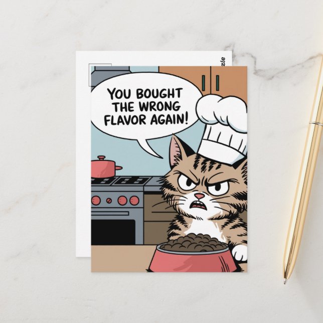 Wrong Flavor Cat Food Cartoon Postcard (Front/Back In Situ)