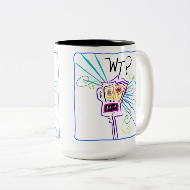 WT? WHAT THE ?? EMOJI Meemogie Two-Tone Coffee Mug (Front Right)