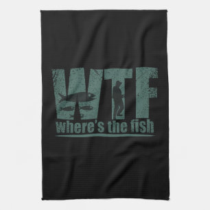 WTF where's the fish funny fishing Kitchen Towel