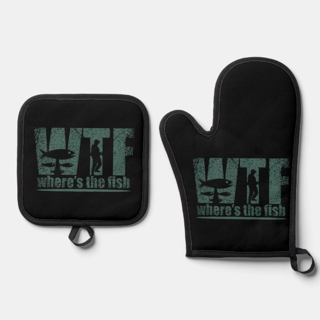 WTF Wheres The Fish Oven Mitt & Pot Holder Set (Front)