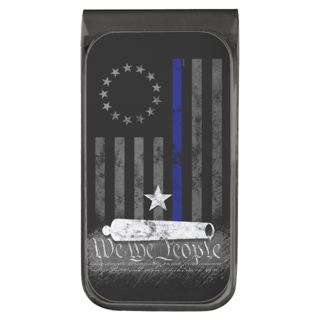 WTP Betsy Ross CC Thin Blue Line American Flag Gunmetal Finish Money Clip (Front Vertical)