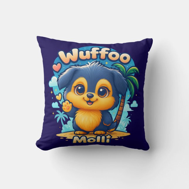 Wuffoo Molli Cute Kawaii Puppy Tropical Island Throw Pillow (Front)