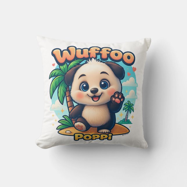 Wuffoo Poppi Cute Kawaii Puppy Tropical Island  Throw Pillow (Front)