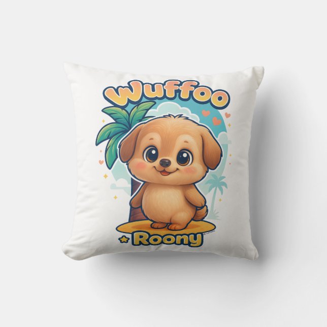 Wuffoo Roony Cute Kawaii Puppy Tropical Island Throw Pillow (Front)