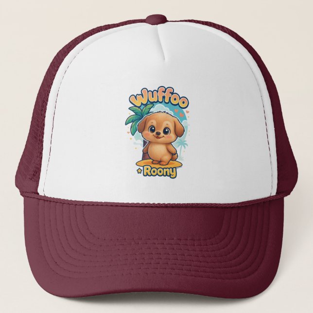 Wuffoo Roony Cute Kawaii Puppy Tropical Island Trucker Hat (Front)
