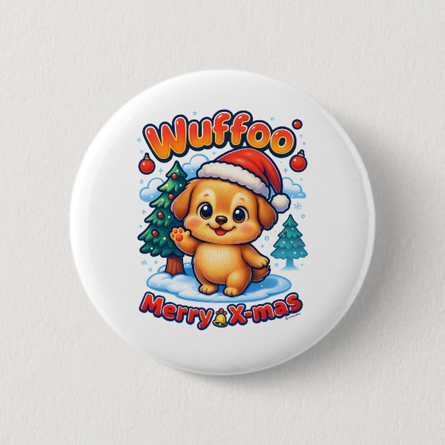 Wuffoo Roony Merry X-mas Kawaii 3D Holiday Button (Front)