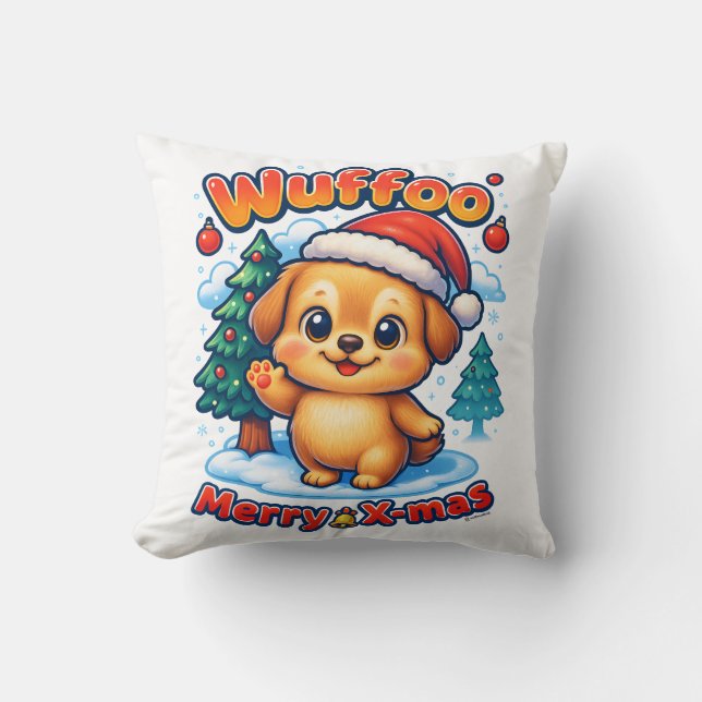 Wuffoo Roony Merry X-mas Kawaii 3D Holiday Throw Pillow (Front)