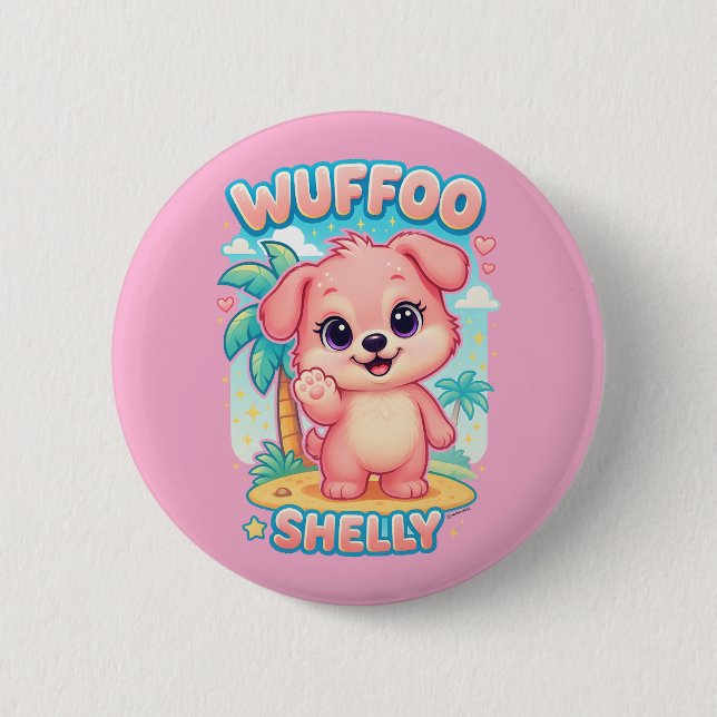 Wuffoo Shelly Kawaii Puppy Tropical Island Button (Front)