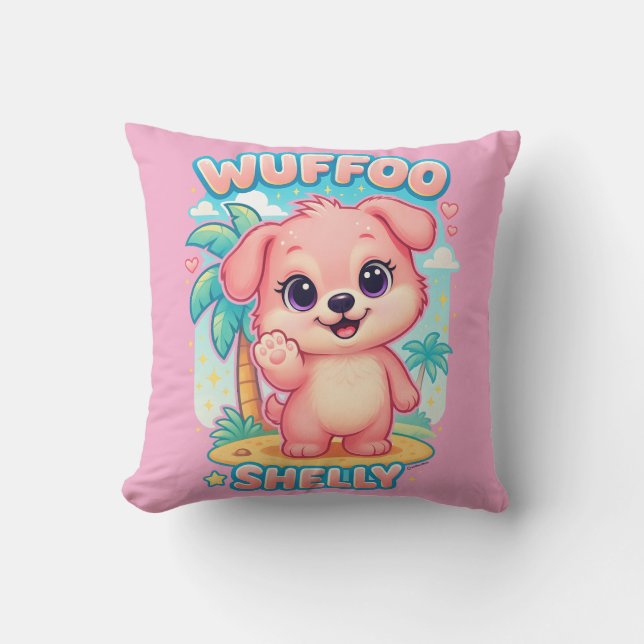 Wuffoo Shelly Kawaii Puppy Tropical Island Throw Pillow (Front)