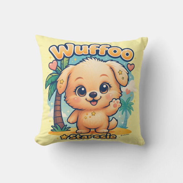 Wuffoo Starssie Kawaii Puppy Tropical Island Throw Pillow (Front)