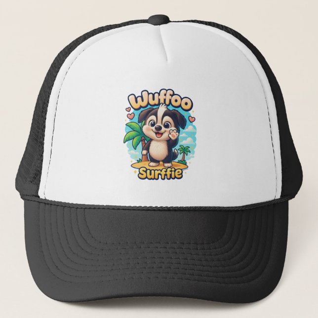 Wuffoo Surffie Cute Kawaii Puppy Tropical Island Trucker Hat (Front)