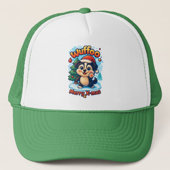 Wuffoo Surffie Merry X-mas Kawaii 3D Holiday Trucker Hat (Front)