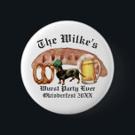 Wurst Party Ever | Watercolor Oktoberfest Button<br><div class="desc">Roll out the barrel for a quick tap—invite your friends over to hoist some steins and join you in ein prosit (or maybe zwei). A party is brewing! Add your custom wording to this design by using the "Edit this design template" boxes on the right hand side of the item,...</div>
