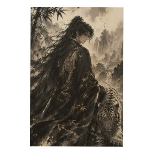 Wuxia Warrior and White Tiger Chinese Ink Wash A Wood Wall Art