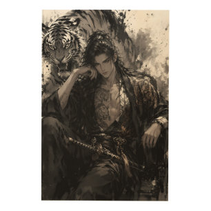 Wuxia Warrior and White Tiger Ink Wash Fantasy A Wood Wall Art