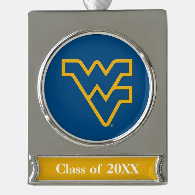 WVU Blue & Gold Silver Plated Banner Ornament (Front)