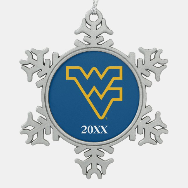 WVU Blue & Gold Snowflake Pewter Christmas Ornament (Front)